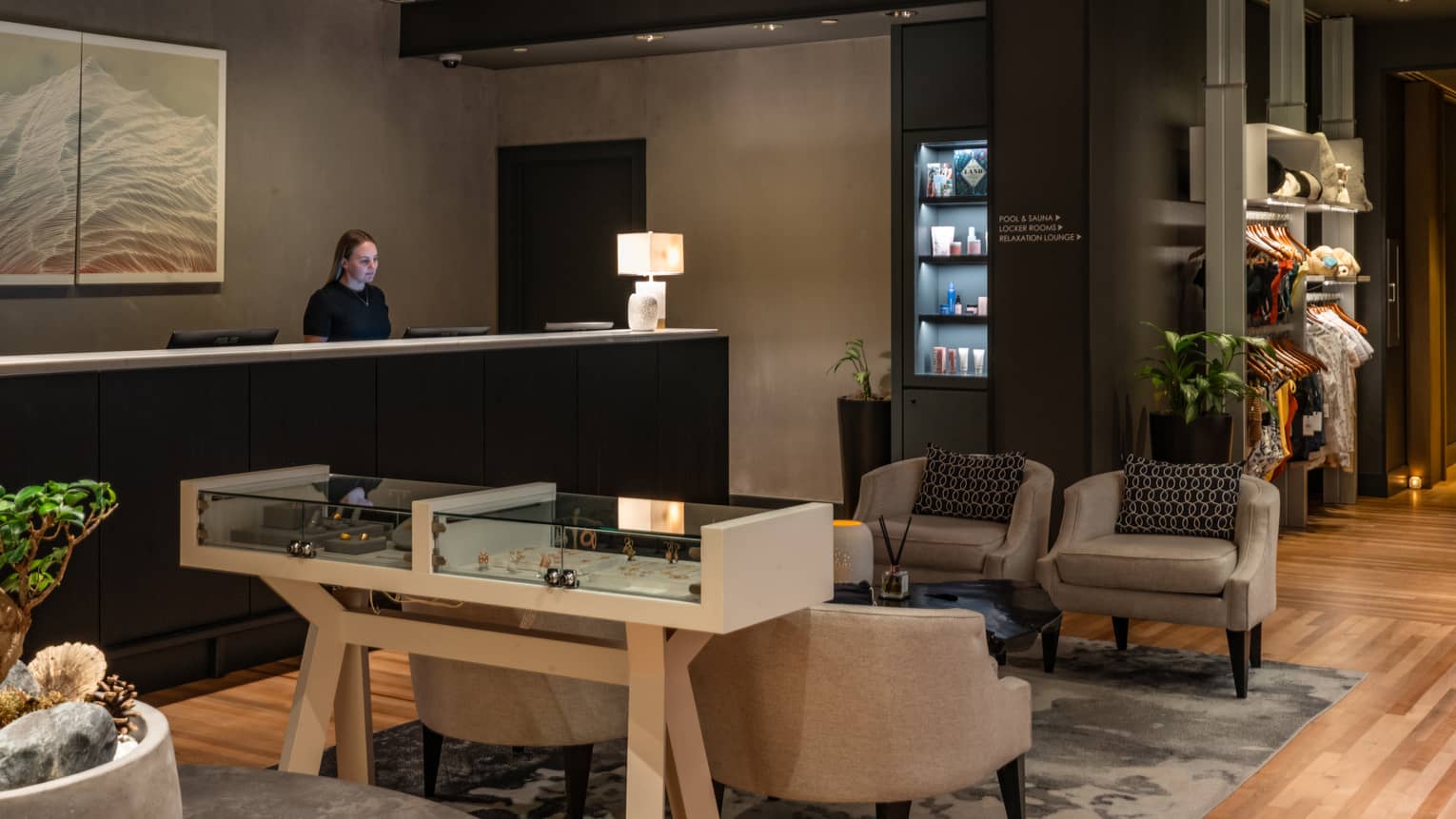 Spa reception desk with seating area in front