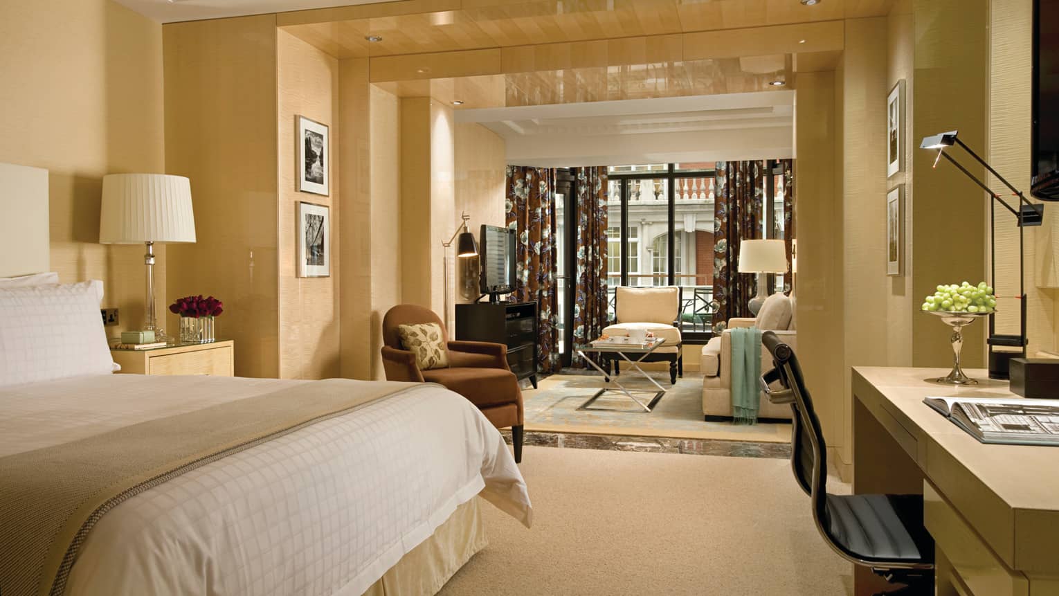 Executive Conservatories bed, desk under modern birch wood panel walls, living room alcove