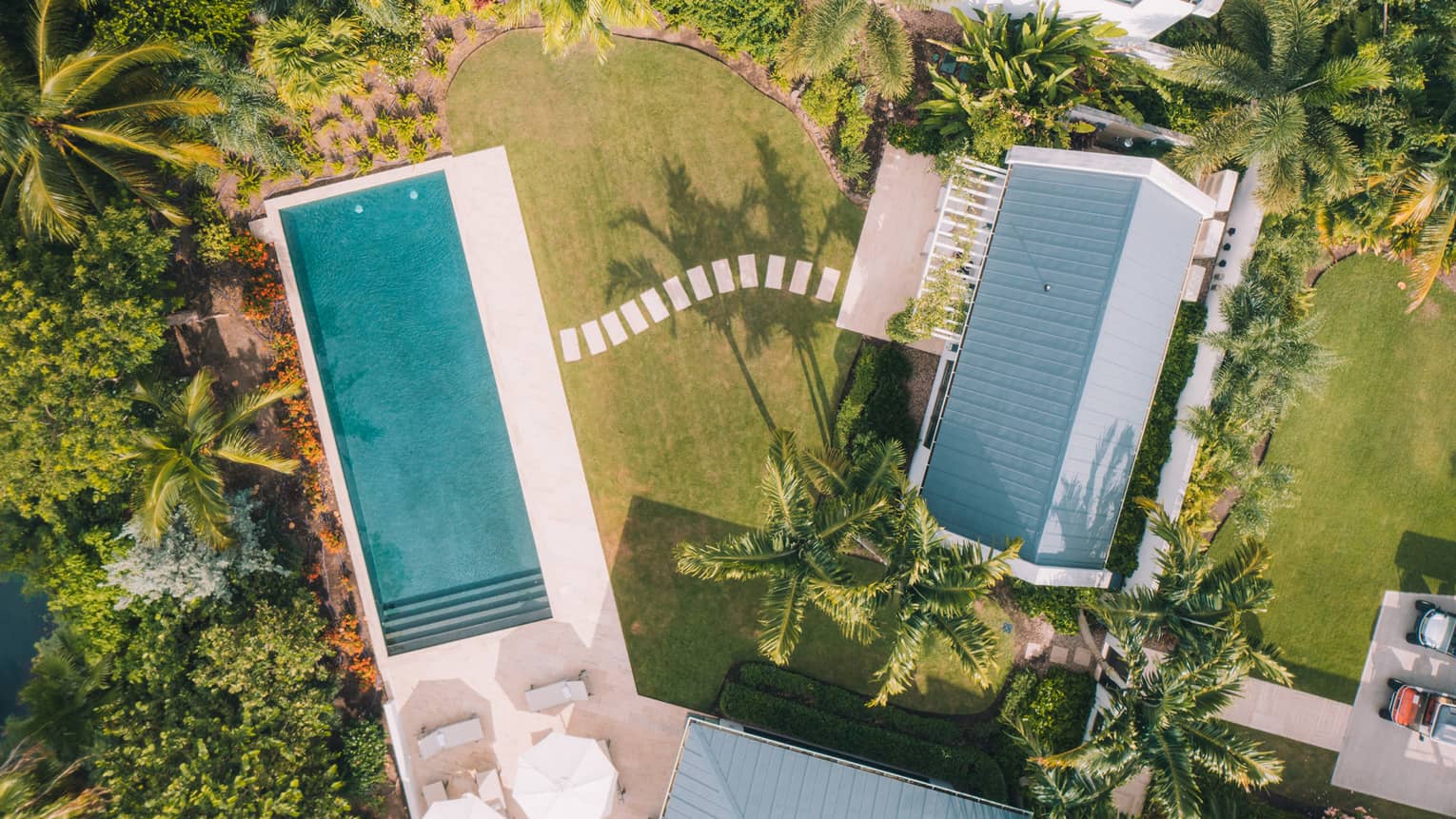 Aerial view of home and rectangular pool, surrounded by green palm trees