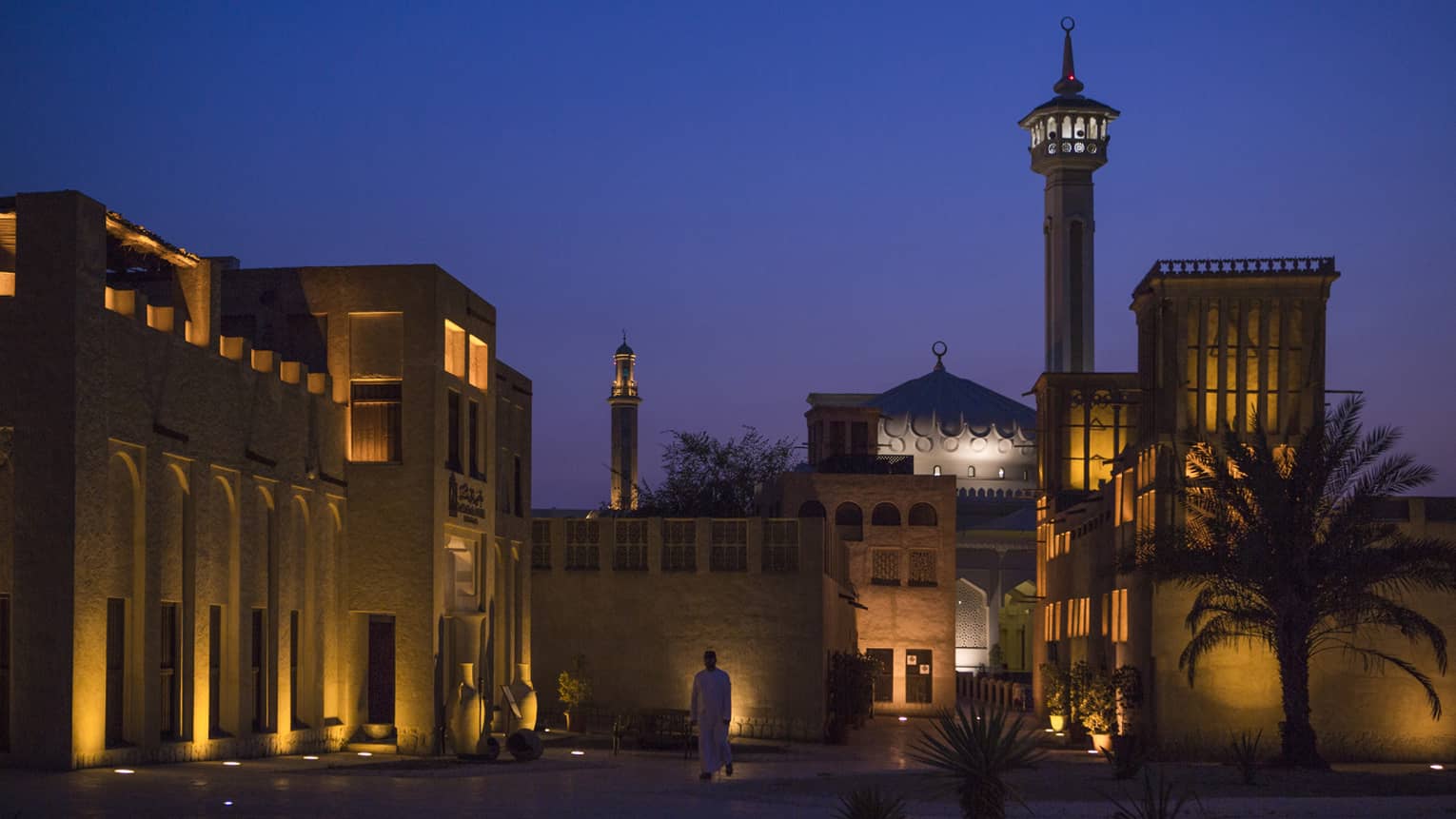 Buildings in Bastakia quarter lit up at night 