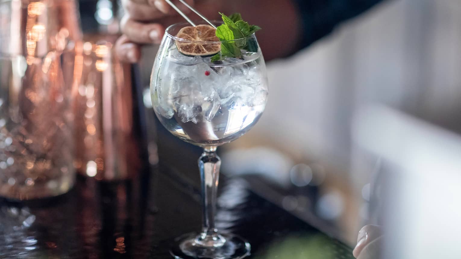 A clear cocktail with an orange wheel and herbs.