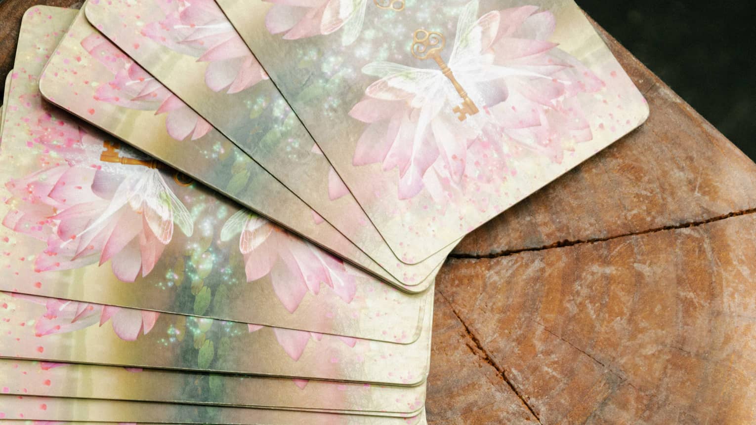 Cards for card reading, displays out on a wooden table