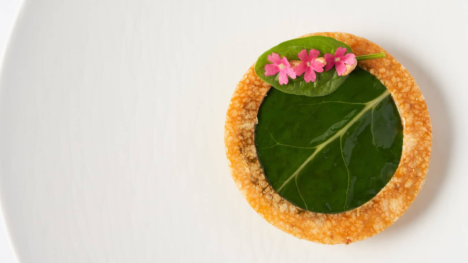  Tourta de Blea pastry with vanilla olive oil and garnish of young shoots 