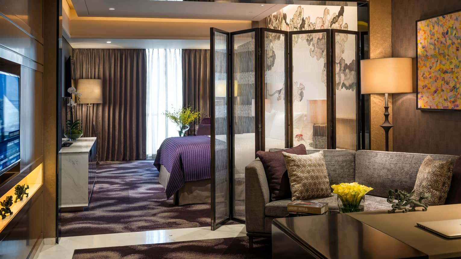 Four Seasons room sofa, lamp across from TV, bed behind folding room divider