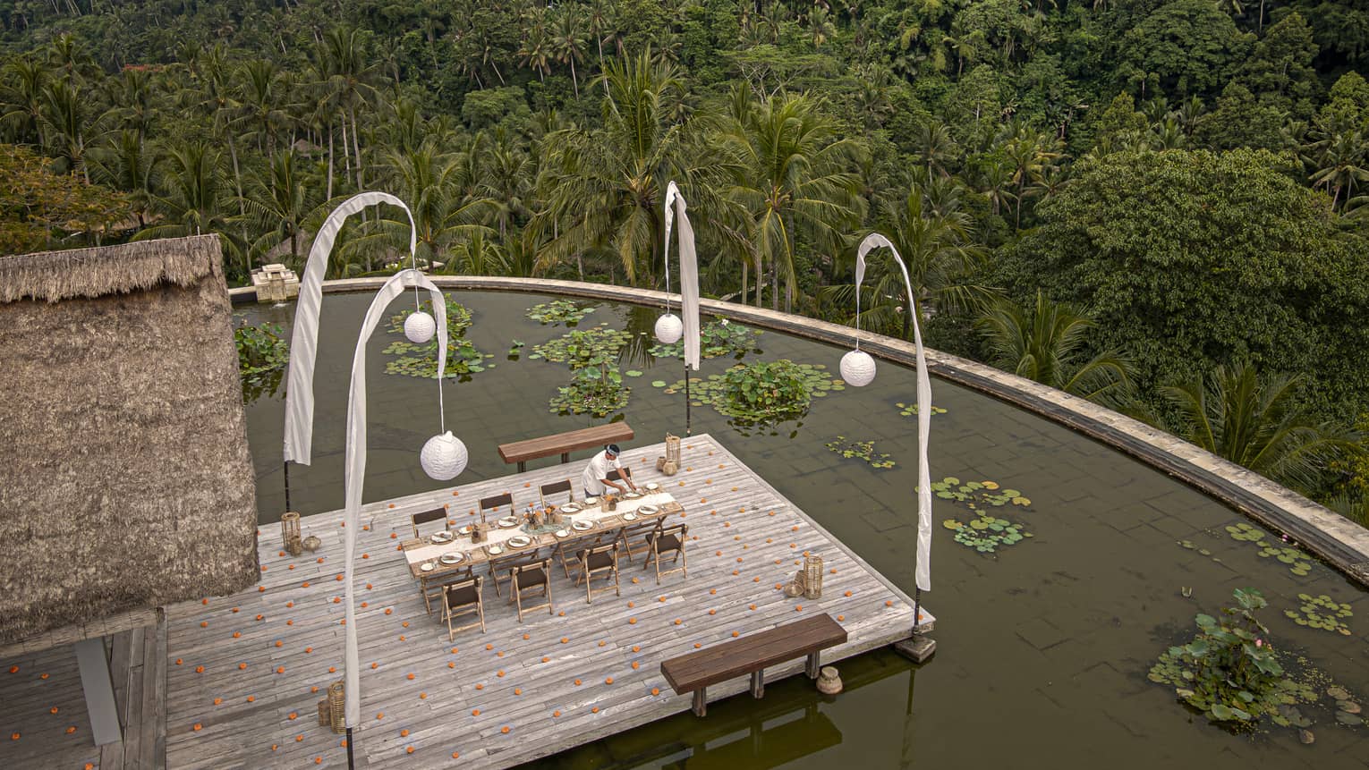 Bird's-eye view of a long table on a deck in a lotus pond, the jungle canopy stretching off into the distance below.
