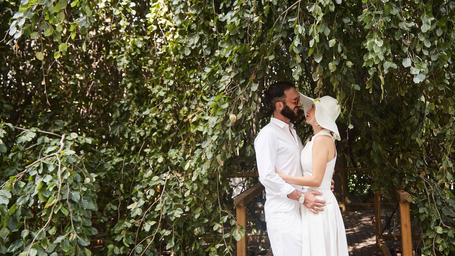 A couple embrace each other on a wooden path sheltered from the sun by long green branches cascading down around them.
