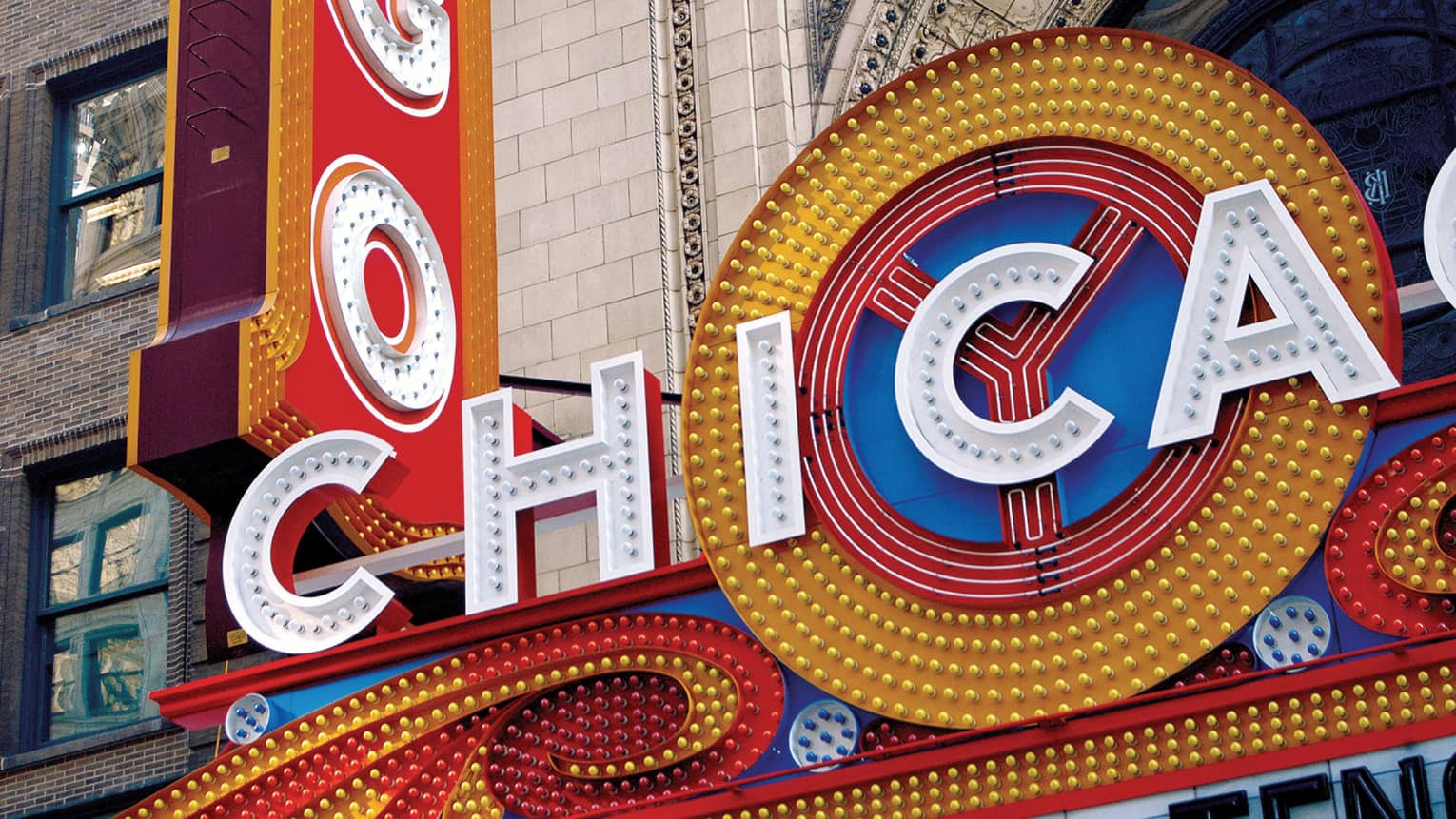The Chicago Theatre sign, covered in small multicolored lights