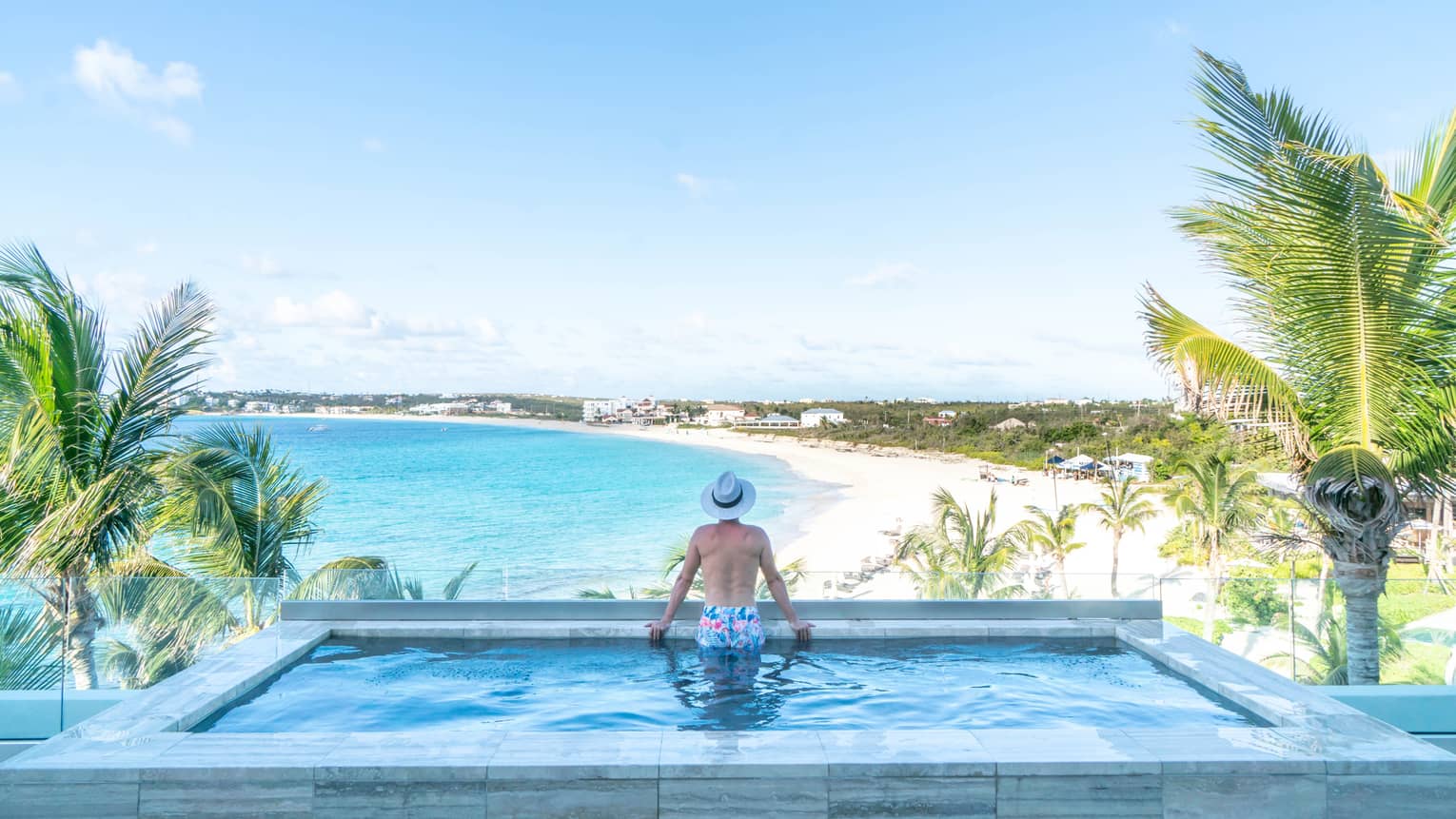 Resort guest standing in a private pool overlooking a tropical beach with turquoise water, palm trees and a coastal landscape