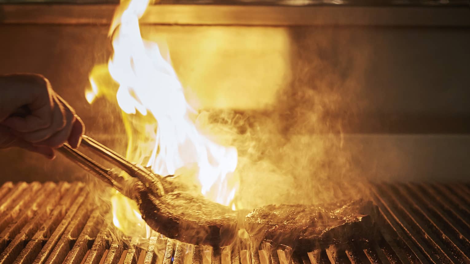 Several steaks being grilled over an open fire.