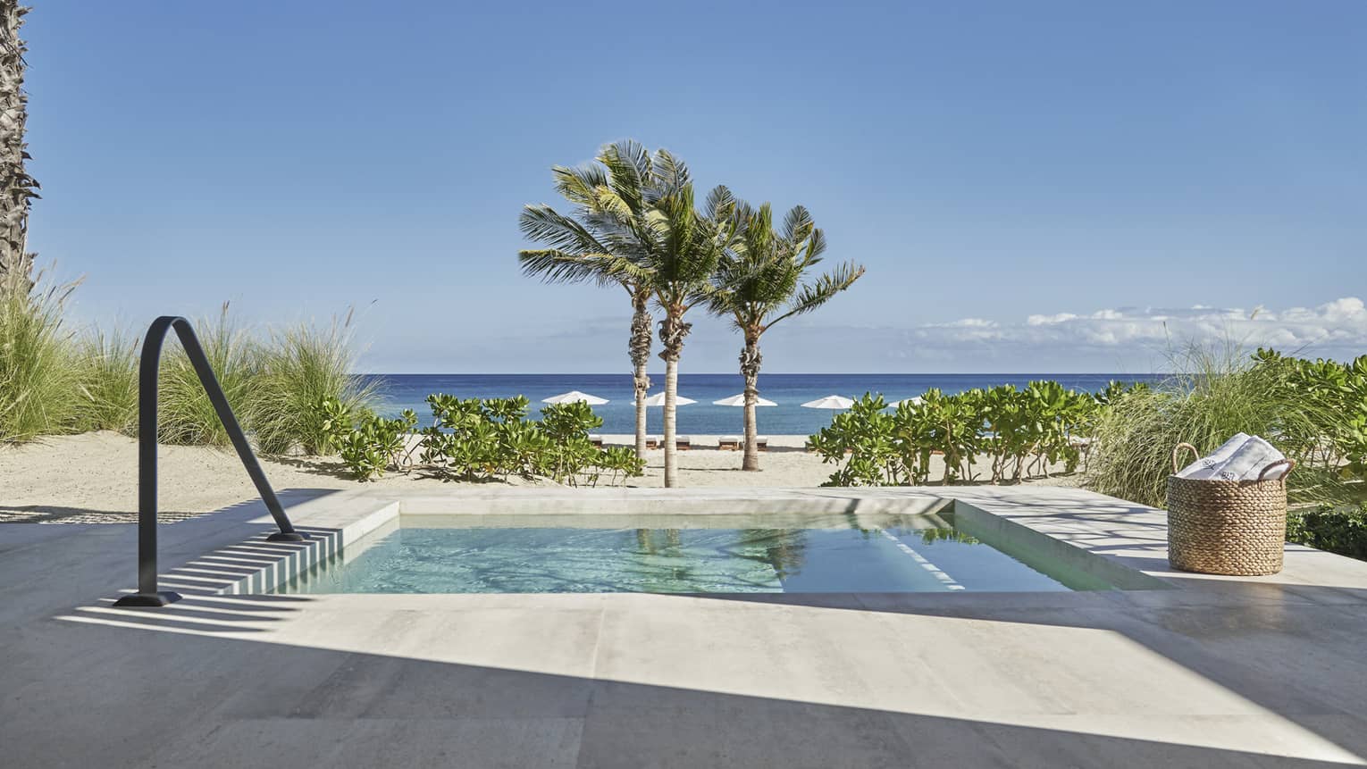 A small pool near a beach with palm trees.