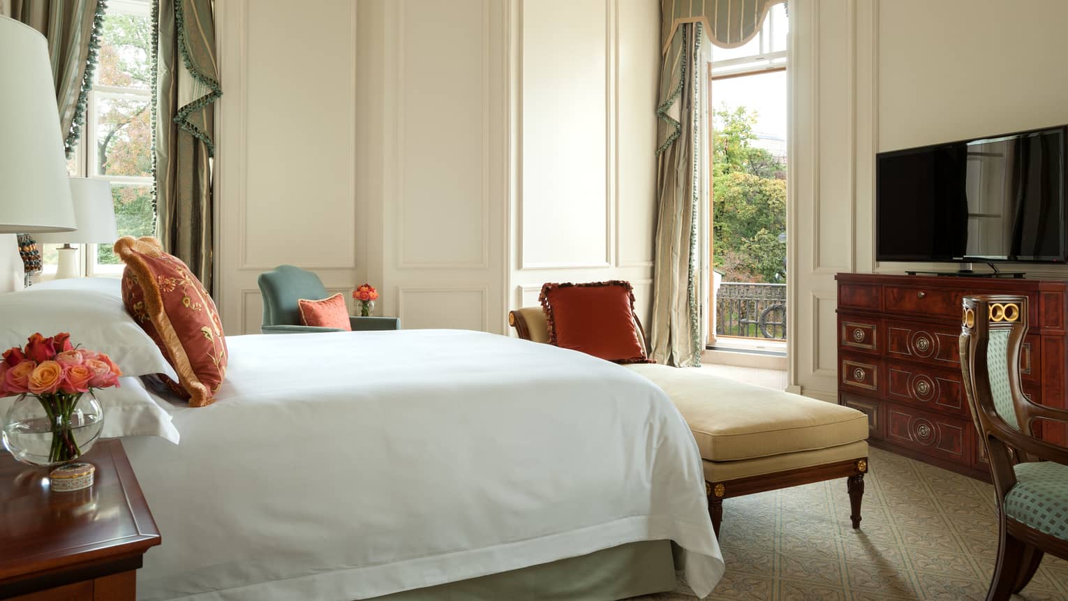 St Petersburg Hotel Russia Luxury Four Seasons Lion Palace Le One Bedroom Suite Side Of Bed With White Linens Bench In Front