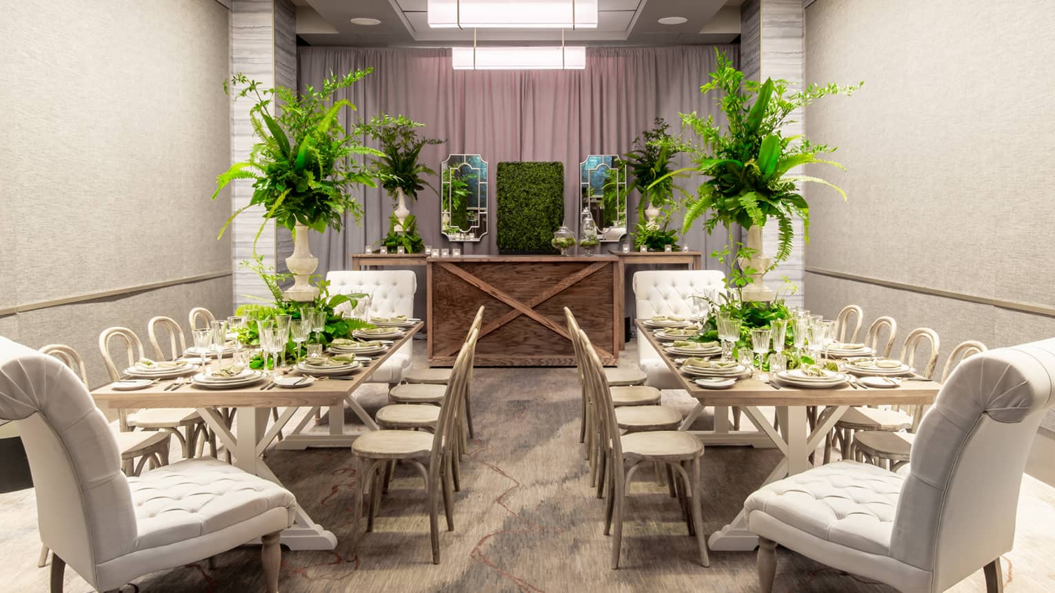 A room with two large tables and many beige chairs with plants in the back of the room.