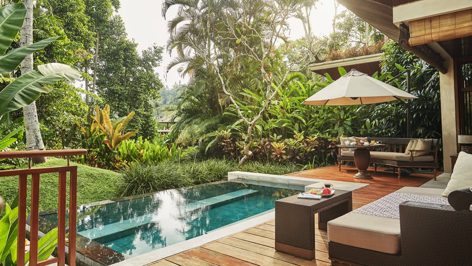 Small rectangular plunge pool off villa patio, surrounded by green tropical plants