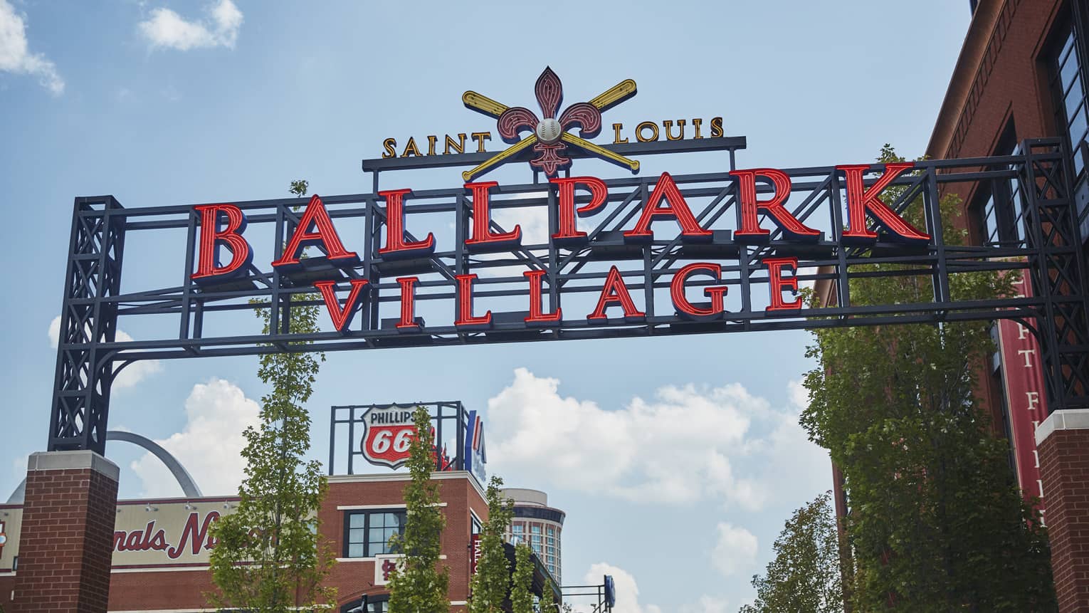 Red sign Saint Louis Ballpark Village on iron entrance