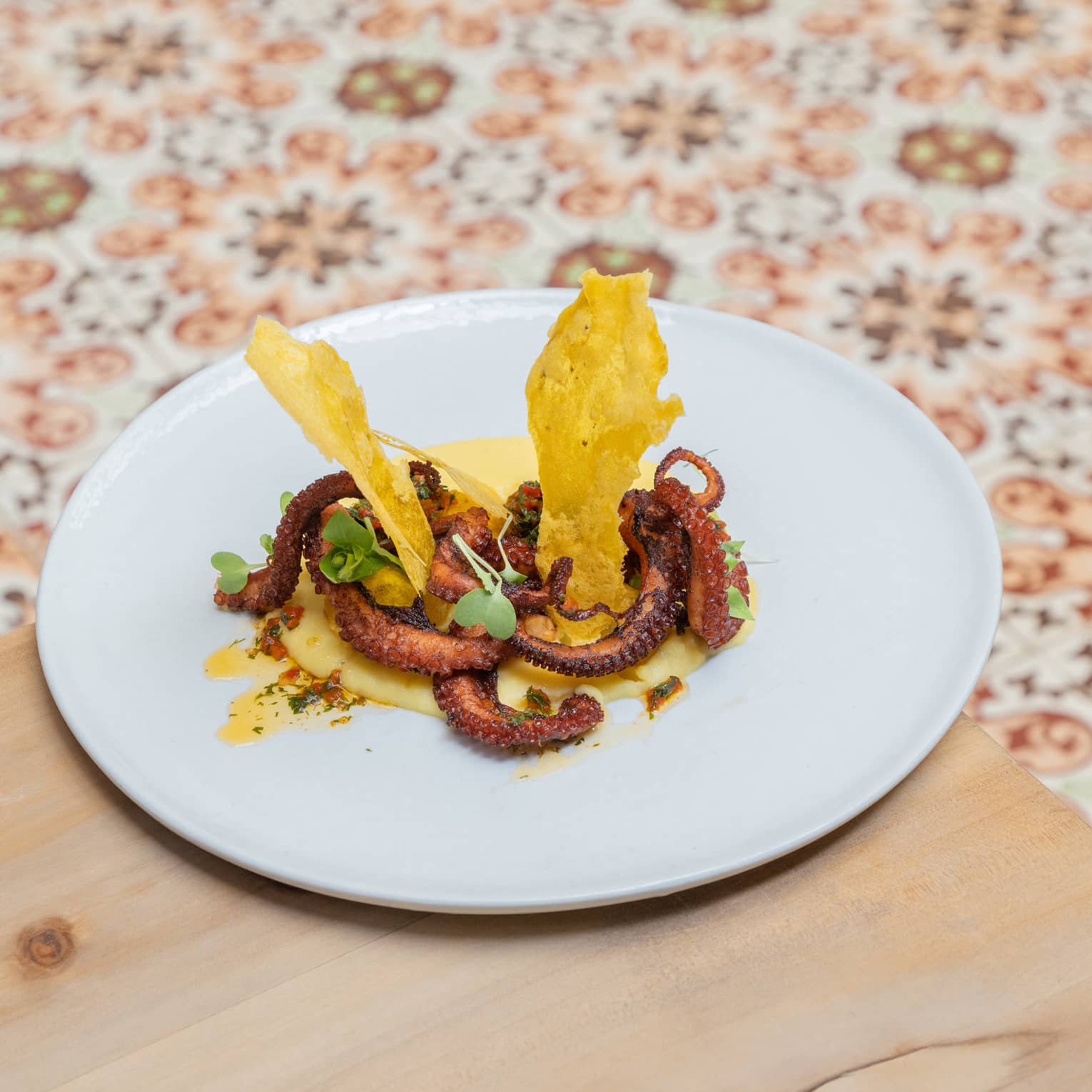 Fried octopus with a fried cheese in the middle, all served on a white ceramic plate.