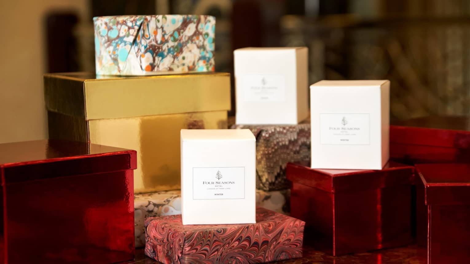 Four Seasons gift boxes and wrapped gifts at London Christmas hotel,Four Seasons gift boxes and wrapped gifts at London Christmas hotel.,Four Seasons gift boxes and wrapped gifts at London Christmas hotel.