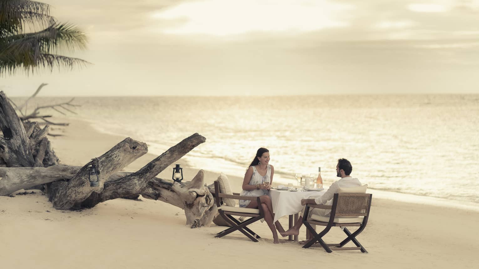 Couple enjoy romantic beach dinner by driftwood on sand beach at sunset