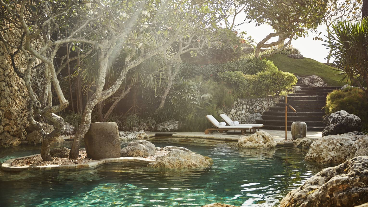 Sunny view of pool surrounded by boulders, rock wall, tree on rock in water, pool chairs and steps nearby