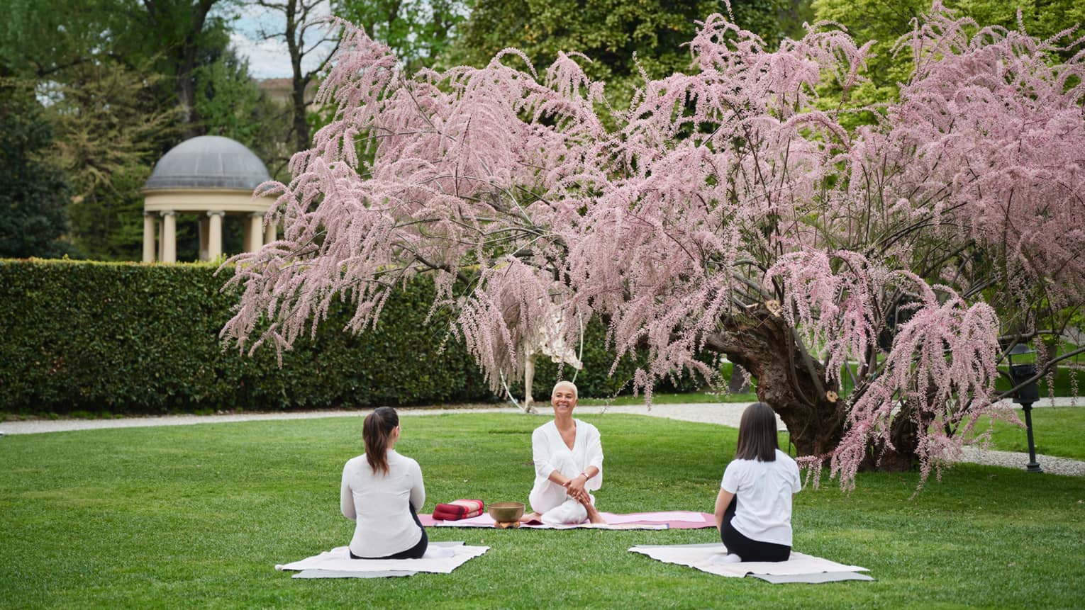 Yoga instructor seated on mat guiding two guests in seated yoga pose on garden lawn near cherry tree with pink blossoms