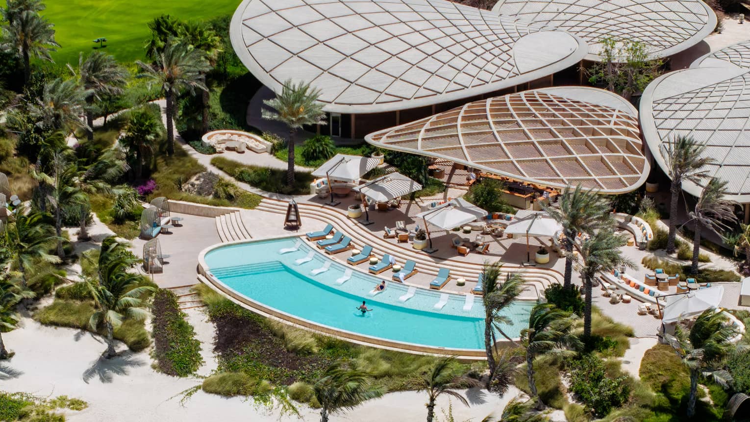 Aerial of golf clubhouse and pool
