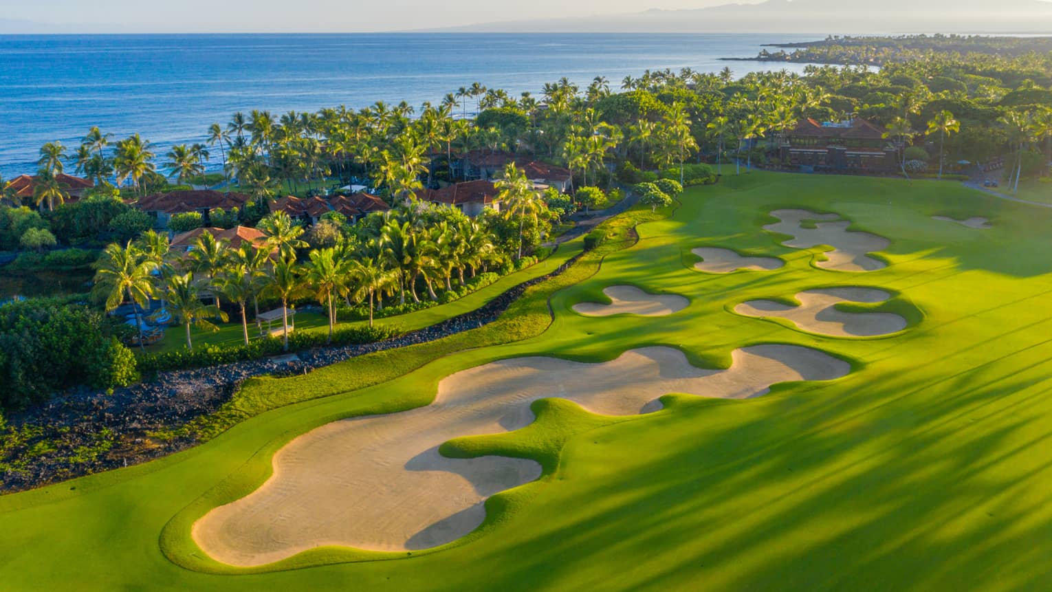 Aerial view of oceanfront Hawaiian golf course