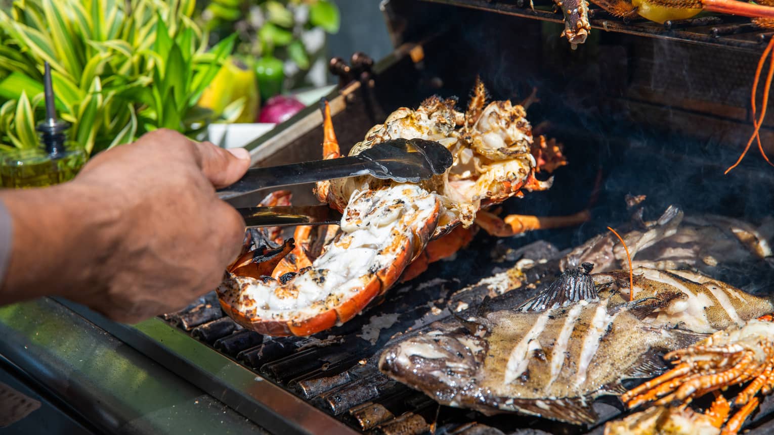 Person using tongs to cook food on a grill.