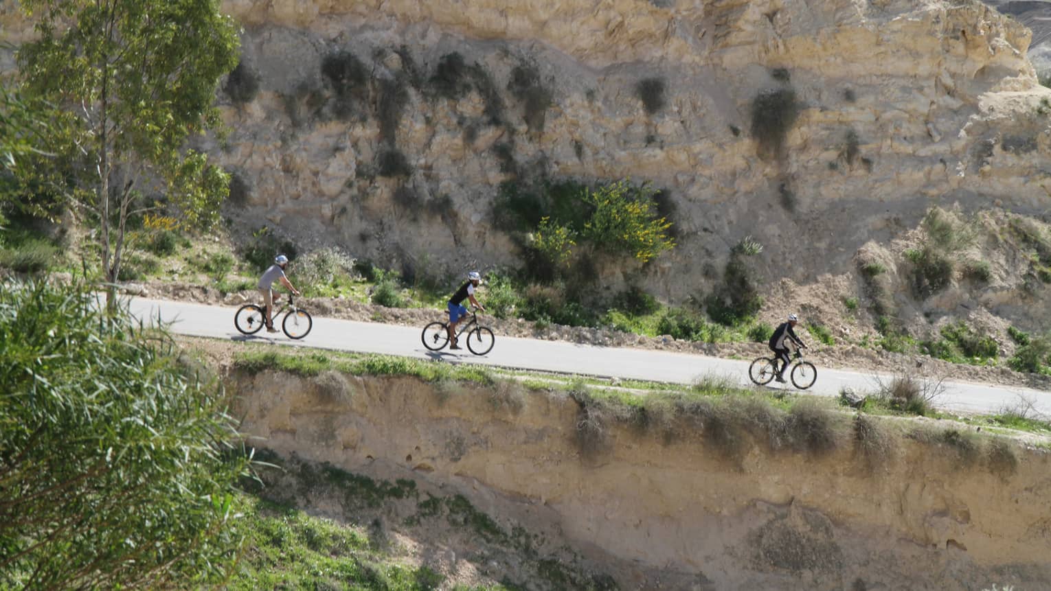 Side view of cyclists riding their bicycles down a paved road surrounded by trees and rocky cliffs on a sunny day.
