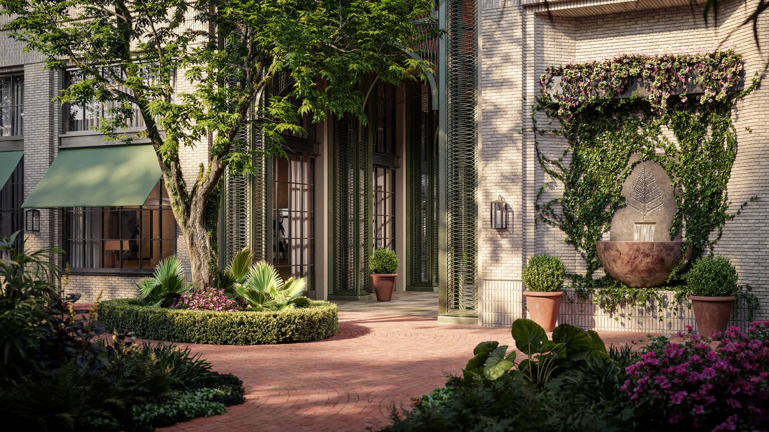 Rendering of exterior of building, with expertly manicured foliage