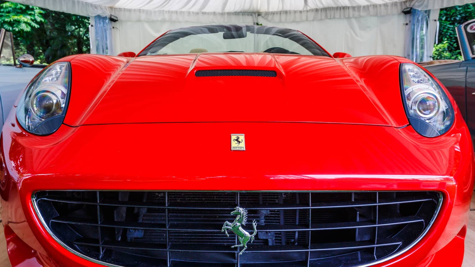 Close-up front view of a bright red Ferrari, yellow prancing horse logo on the hood and prancing horse badge on the grille.