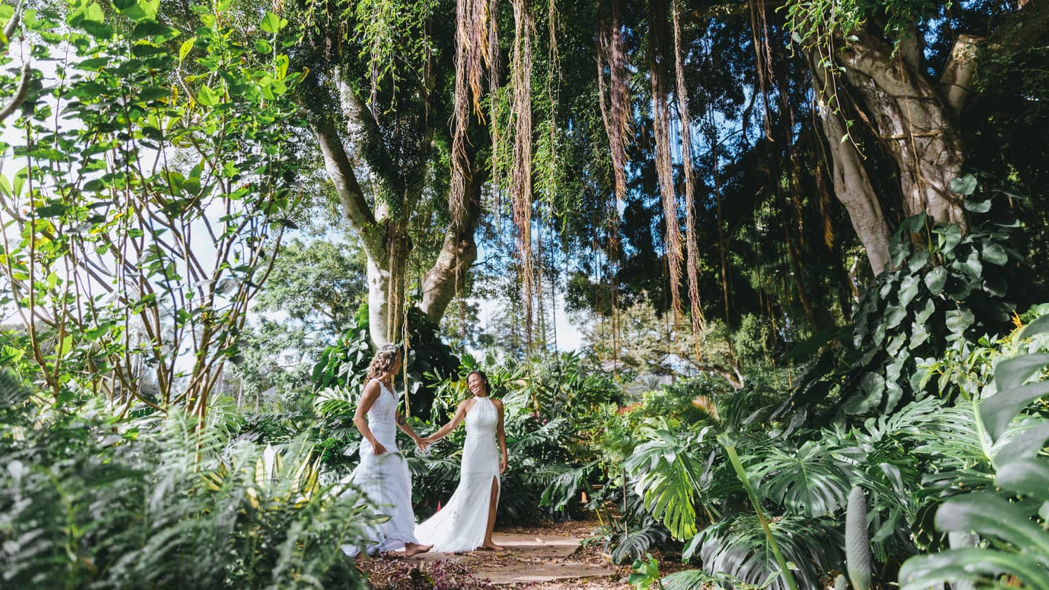 Two brides walk hand in hand in a tropical forest