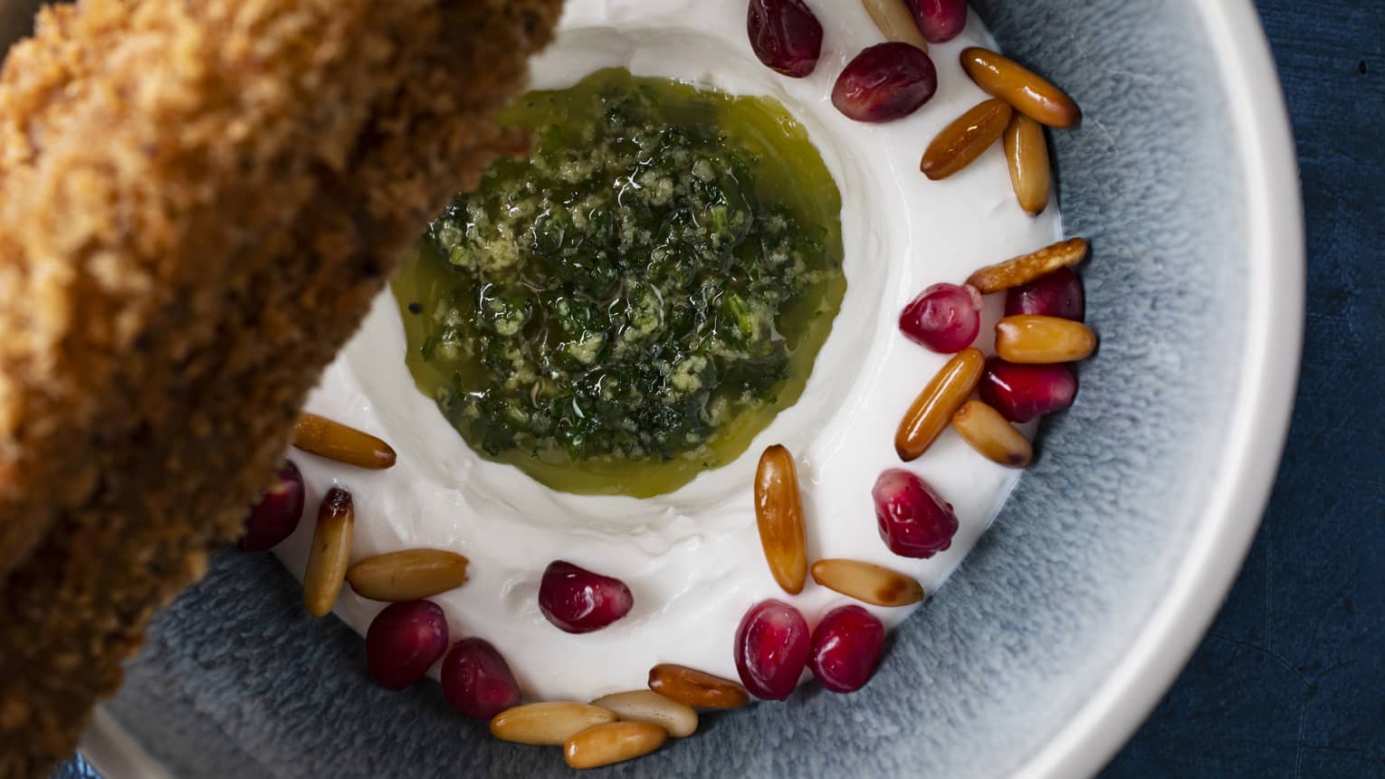  Breaded arayes with Greek garlic yogurt, tahini, pomegranate and pine nuts
