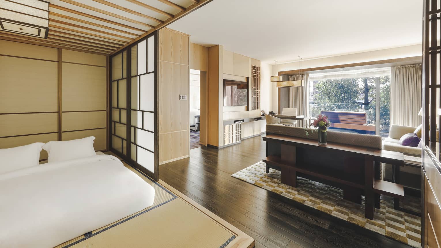 Tatami-style hotel room with Japanese-inspired decor