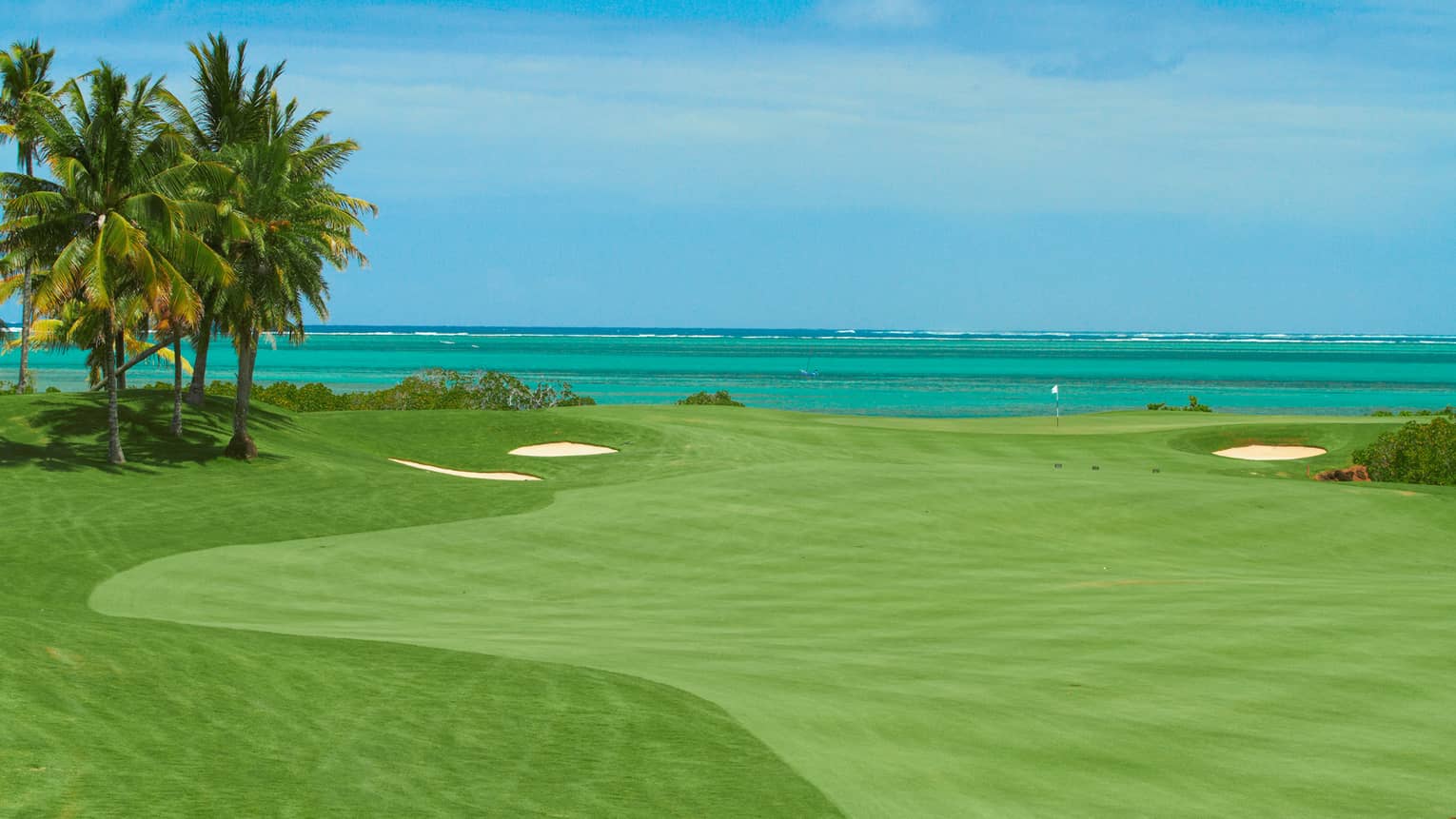 Golf course green, palm trees, turquoise ocean in background