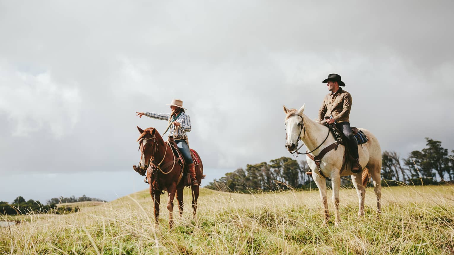 A couple riding horses, looking out at the long grass fields, with grassy hills and trees in the distance on a cloudy day.