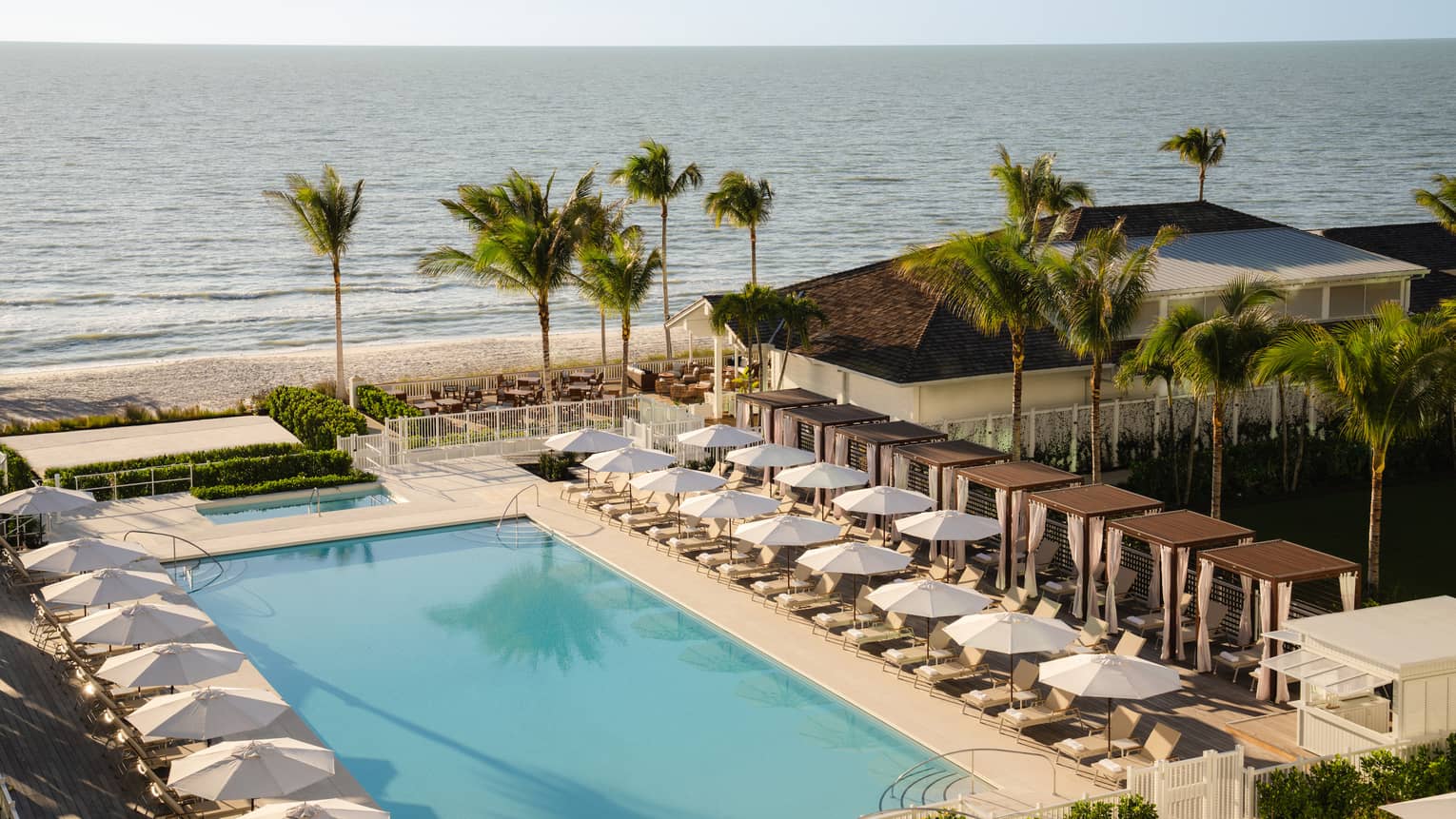 Outdoor rectangular pool surrounded by white umbrellas and lounge chairs with palm trees and the ocean just steps away