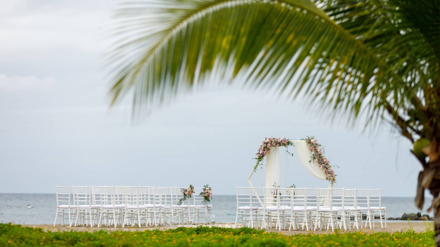 Beach wedding setup, two groupings of white chairs, flower-draped altar arch, palm tree in forefront