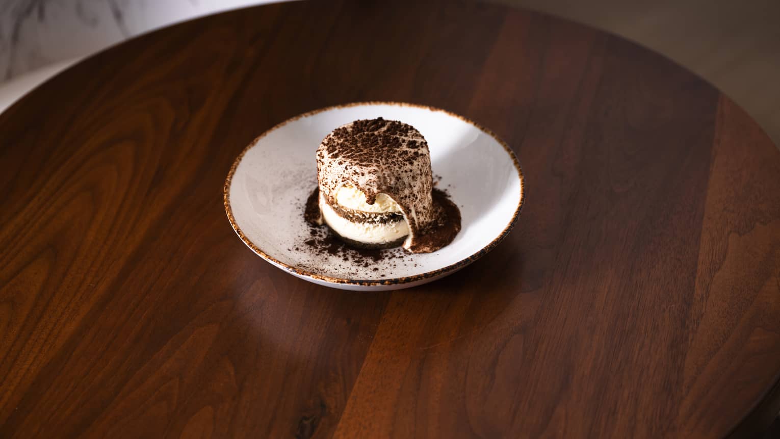 Chocolate dessert with chocolate syrup.
