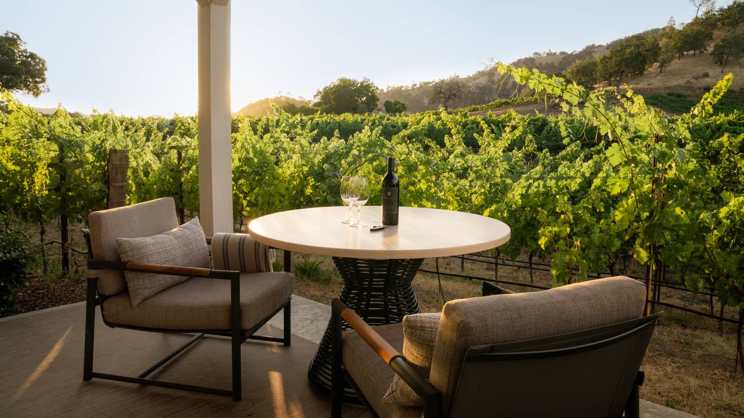 Covered patio with round table and two chairs, set next to vineyard