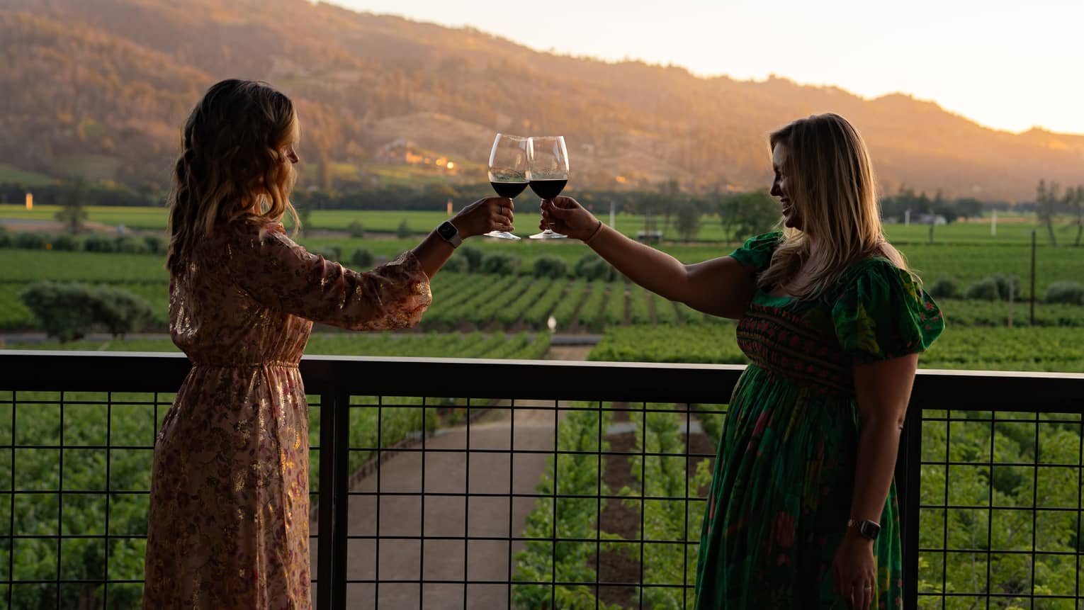 Two guests standing on a balcony overlooking a vineyard and holding their wine glasses in the air