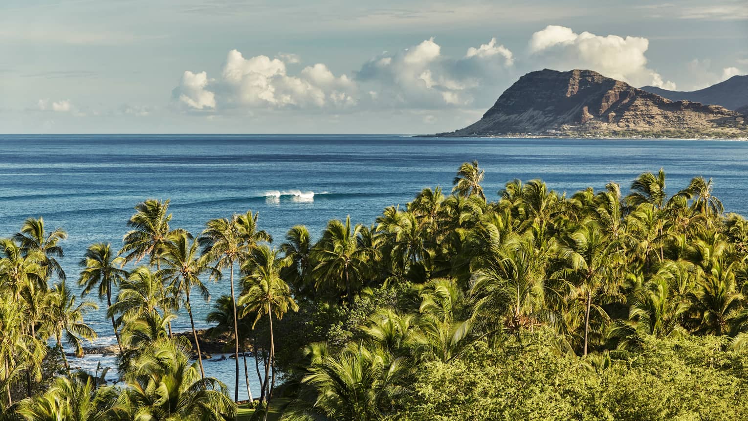 View over tropical forest, palm trees to big waves in ocean, mountains, clouds