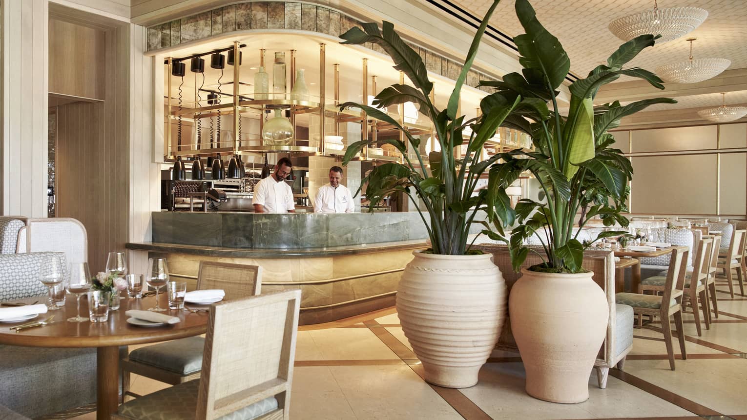 A restaurant with an open kitchen area, large plants, and wood and grey furnishing.