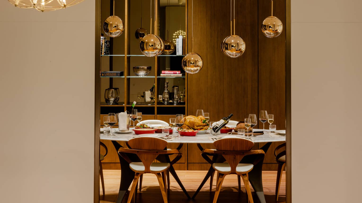 A dining table with a turkey on it.