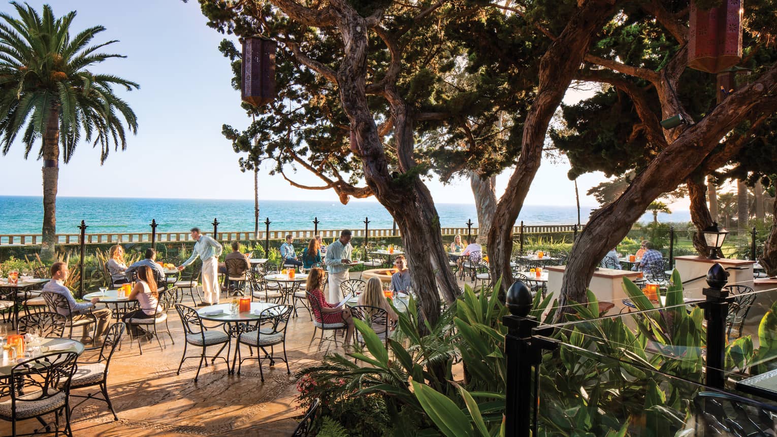 View of diners on Bella Vista patio at wrought-iron tables, chairs through large trees, plants 