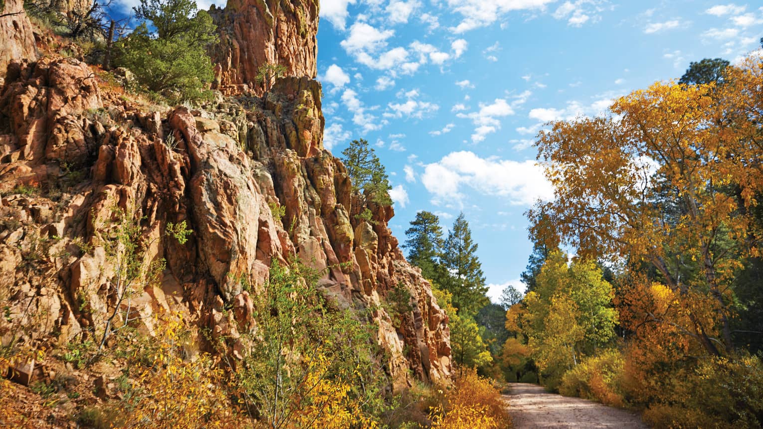 Red-rock mesas next to round, surrounded by trees, blue sky with clouds 