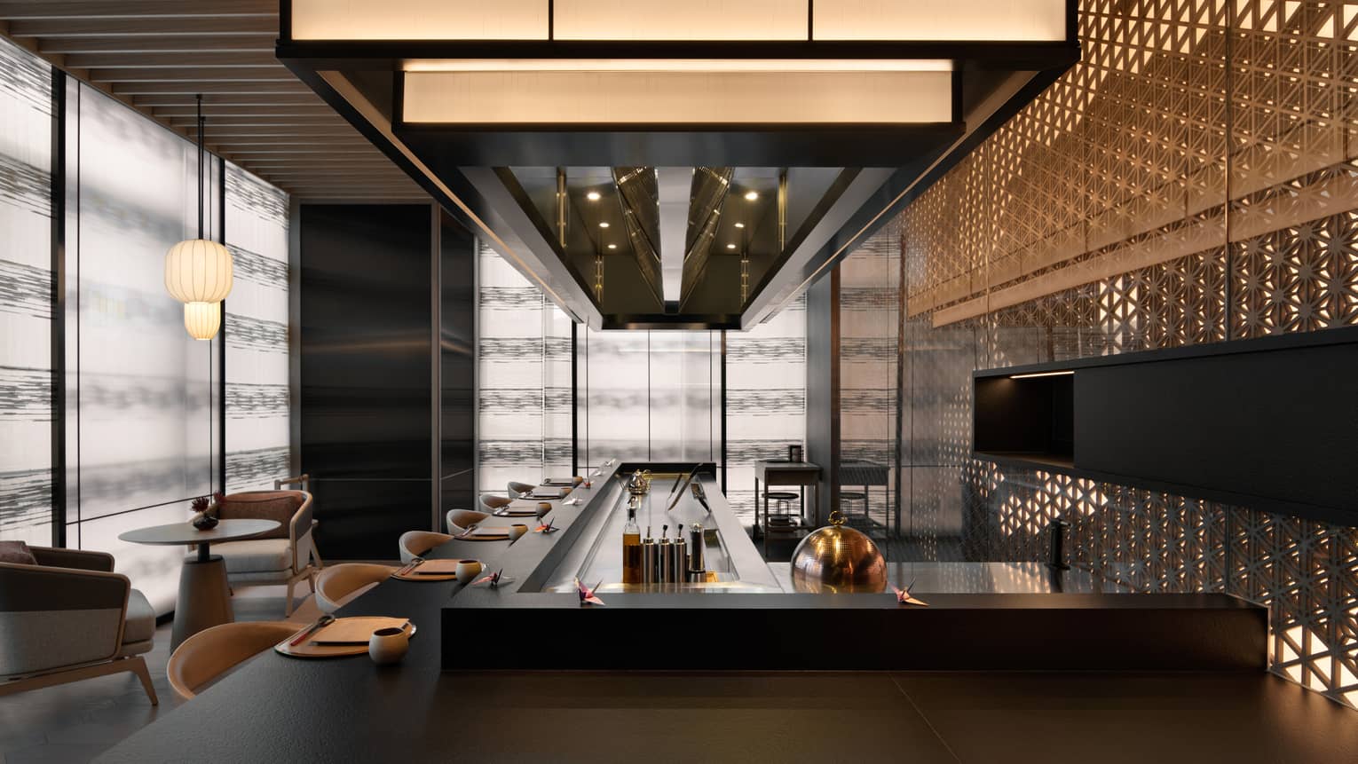 Bar area at Matsuyi with overhead lighting and rounded bar stools