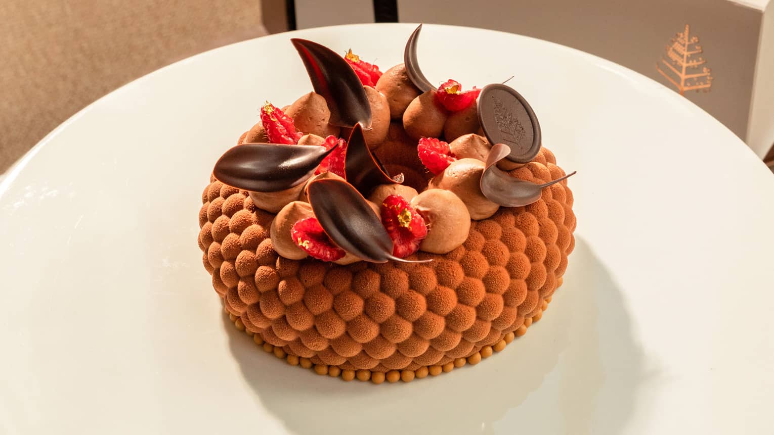 Chocolate gâteau topped with chocolate leaves, sliced raspberries and dollops of chocolate icing