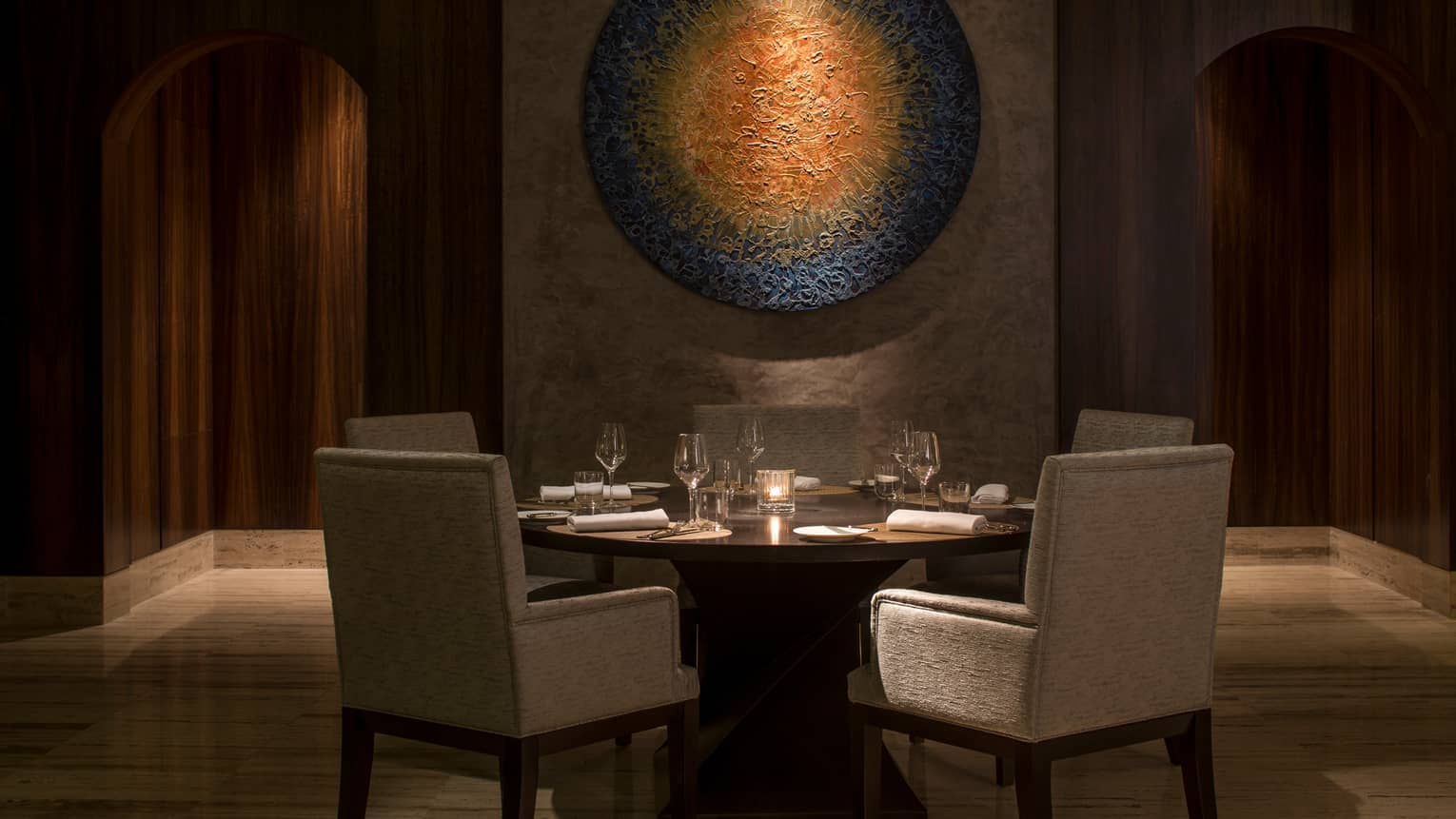 Dining In Gammarth Restaurants Bars Lounge Four Seasons Tunis The Creek Restaurant Dining Table Chairs Under Modern Round Art Sculpture In Dimly Lit