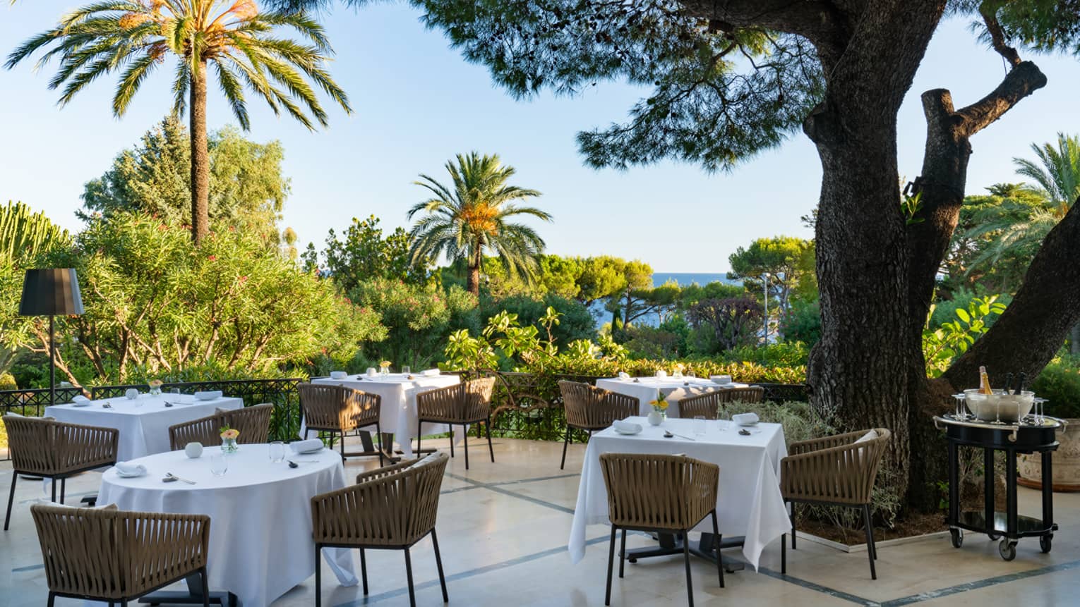 Patio with round white cloth–covered dining tables and rattan chairs surrounded by palm trees and greenery