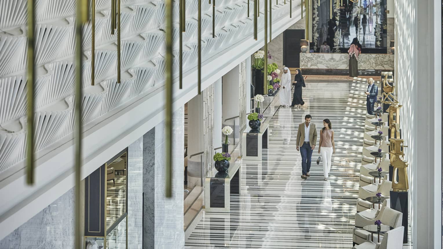 View of the white marble lobby of Four Seasons Hotel Abu Dhabi at Al Maryah Island