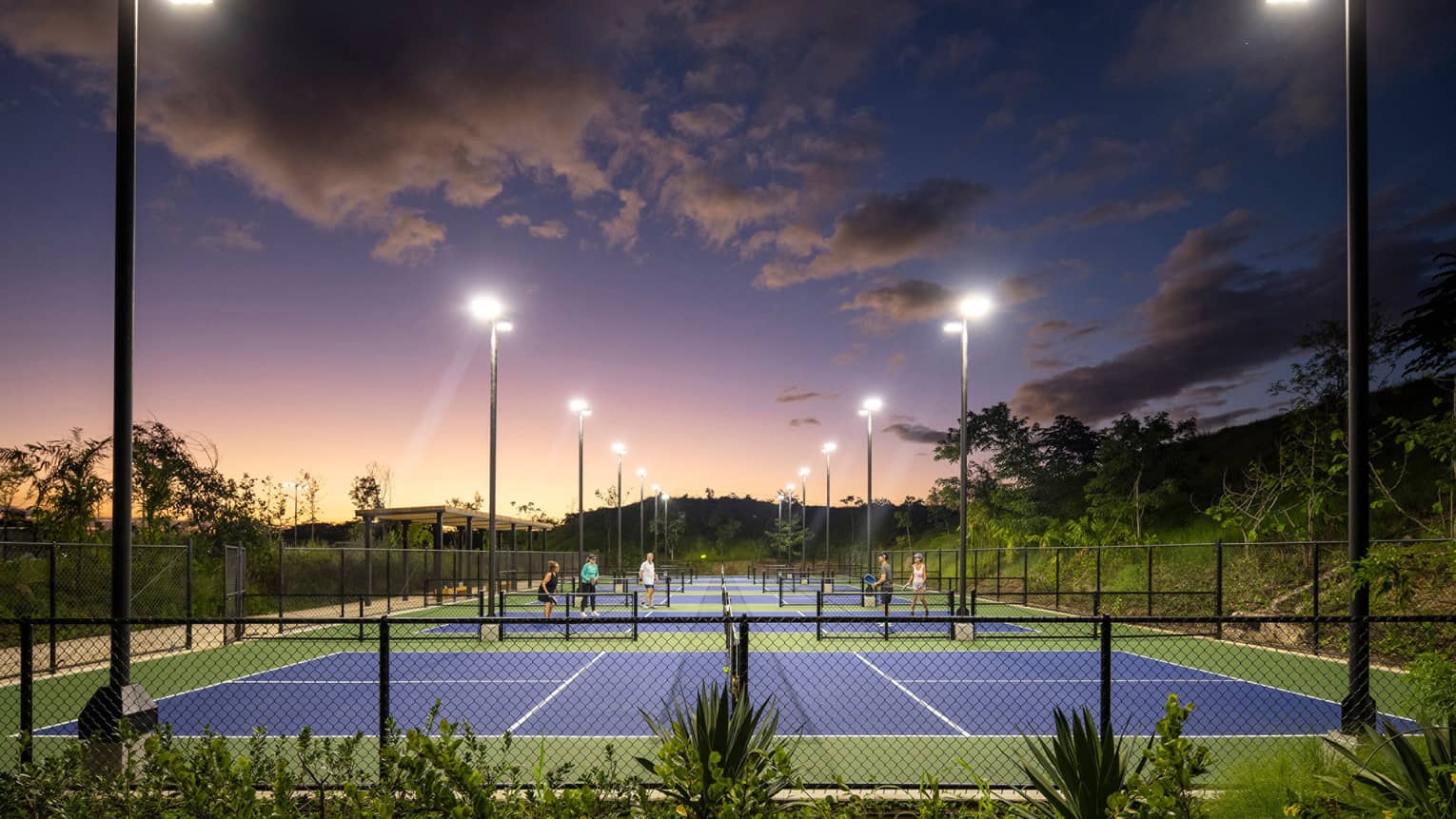 Pickleball courts at night lit by lights